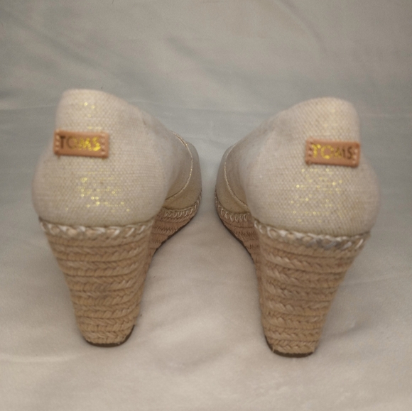 Toms Cream and Gold Metallic Linen Espadrille Wedges - Picture 5 of 7